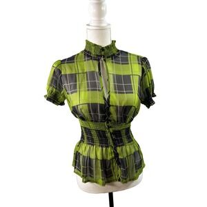 Wex Green Plaid Sheer Babydoll Top Size M‎ Smocked Waist Puff Sleeve Blouse